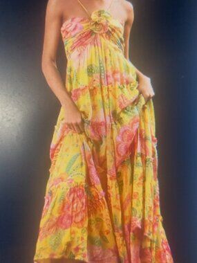 Farm Rio Macaw Bloom Bold Multicolor Tropical Tiered Strap Flower Maxi Dress